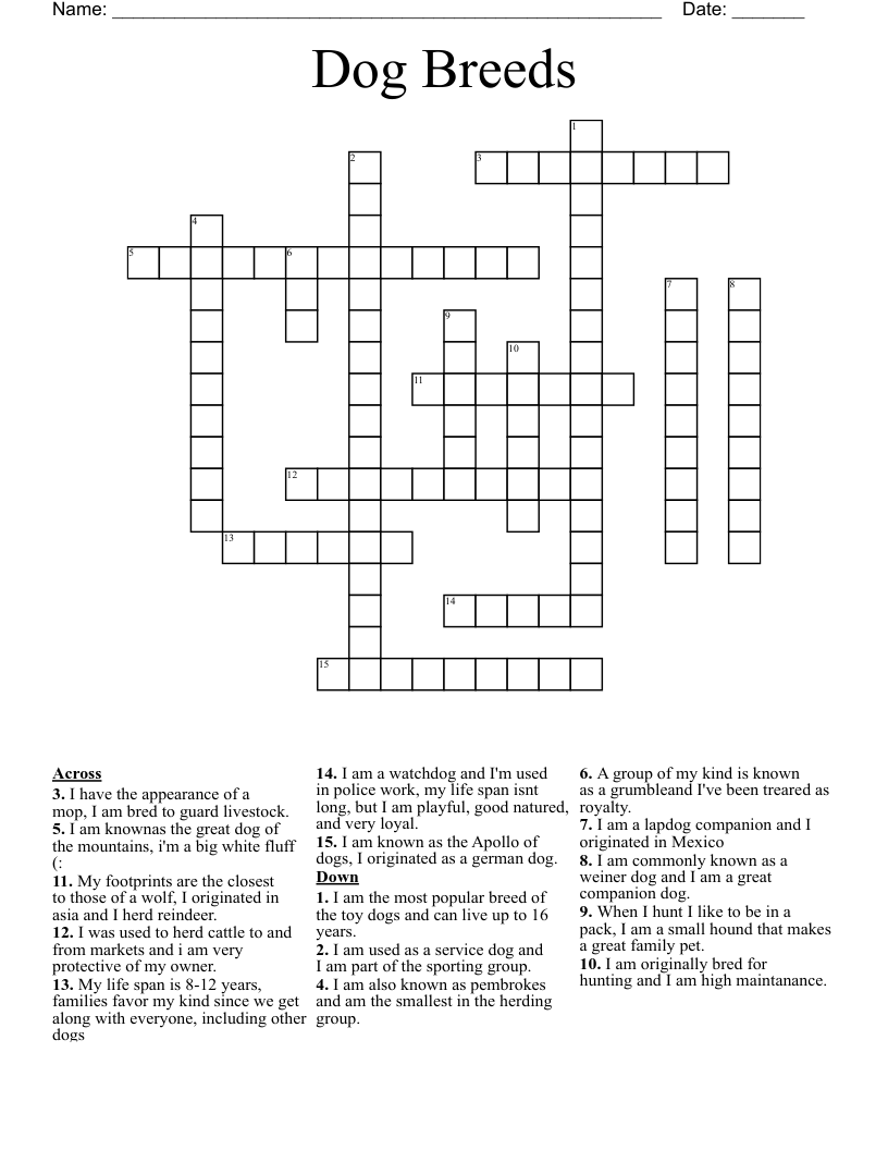 15 Dog Breed Crossword Puzzle WordMint