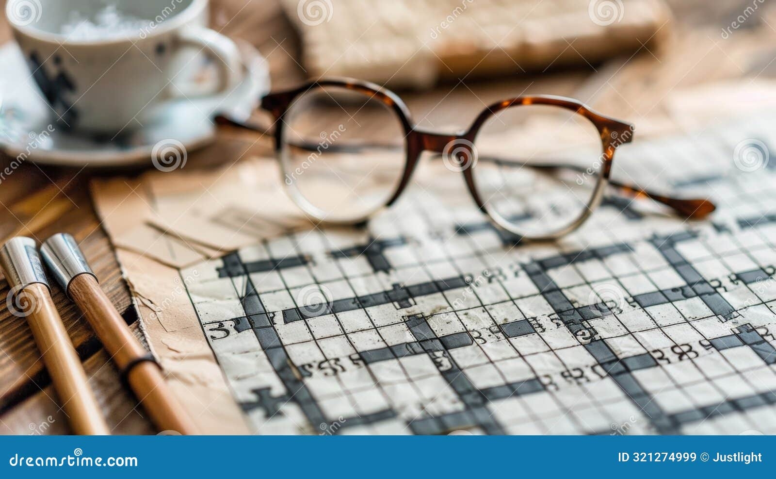 A Completed Crossword Puzzle Accompanied By A Senior Persons Glasses