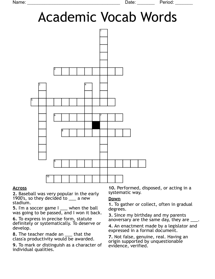 Academic Vocab Words Crossword WordMint