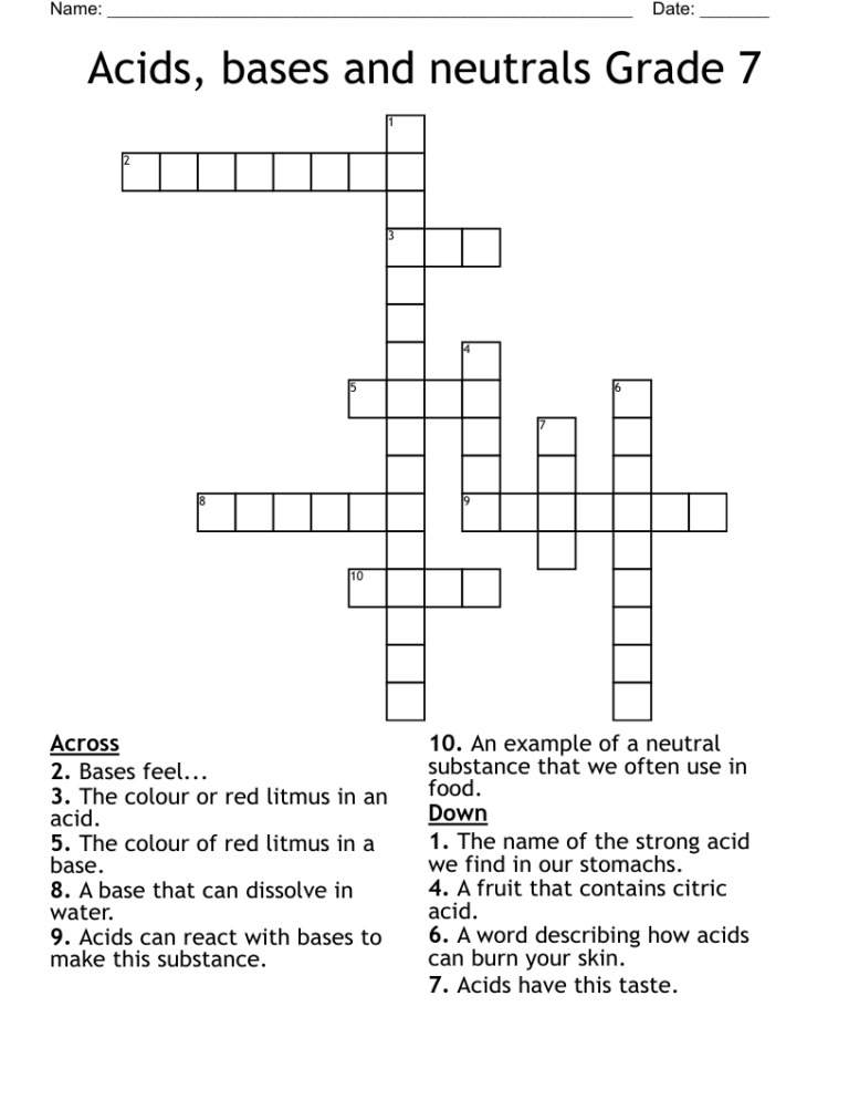 Acids Bases And Neutrals Grade 7 Crossword WordMint