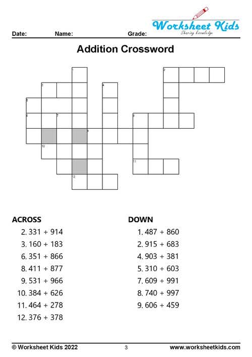 Addition Crossword Puzzle For 1st To 5th Grade Free Printable PDF