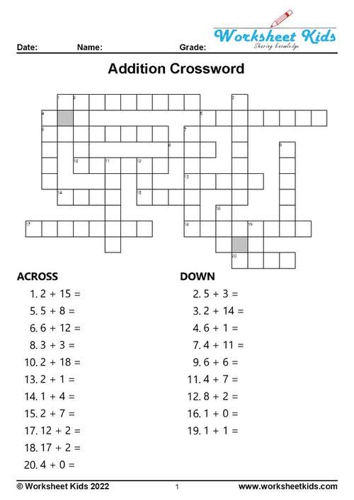 Addition Crossword Puzzle For 1st To 5th Grade Free Printable PDF