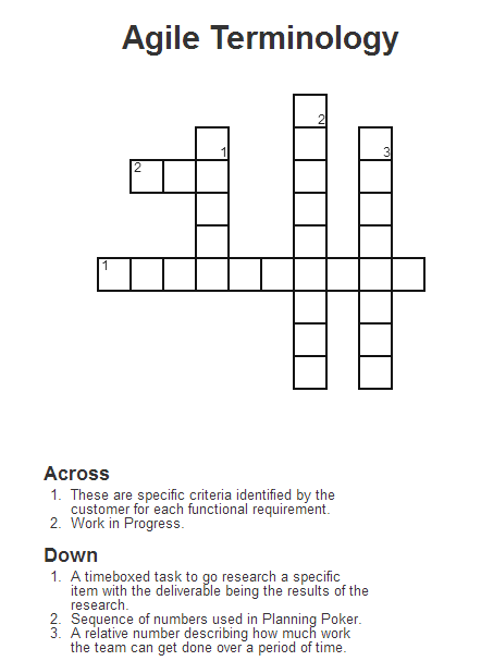 Agile Terminology Crossword Puzzle Crossword Agile Planning Poker