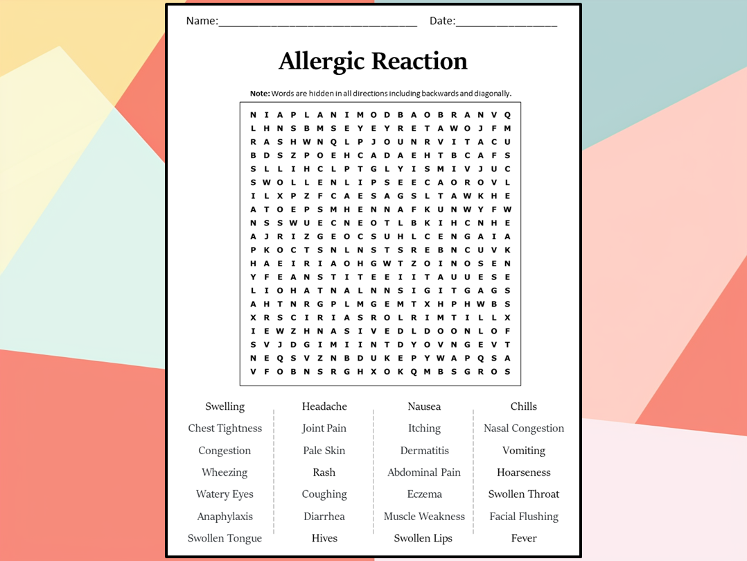 Allergic Reaction Word Search Puzzle Worksheet Activity Teaching 