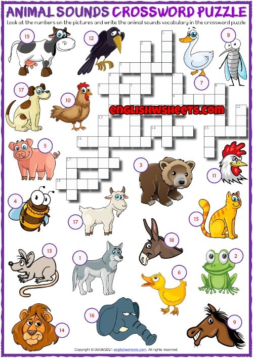 Animal Sounds ESL Printable Crossword Puzzle Worksheet Crossword 