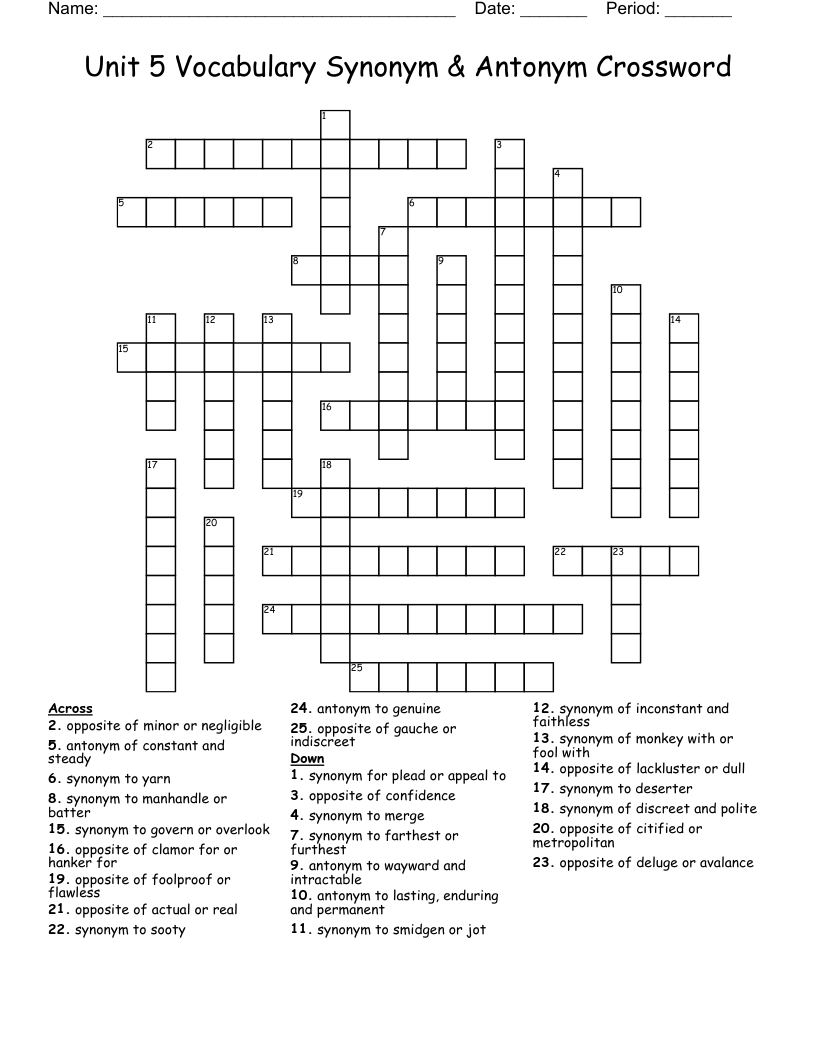 Antonyms Crossword Puzzle Worksheet Worksheets For Kindergarten