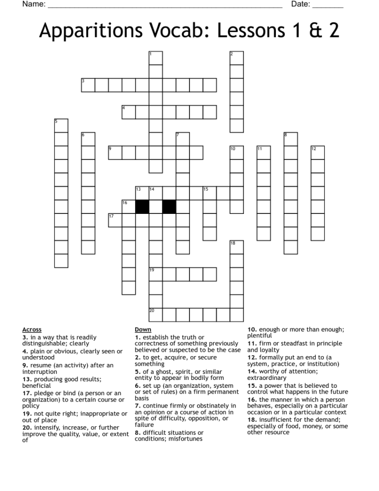 Apparitions Vocab Lessons 1 2 Crossword WordMint