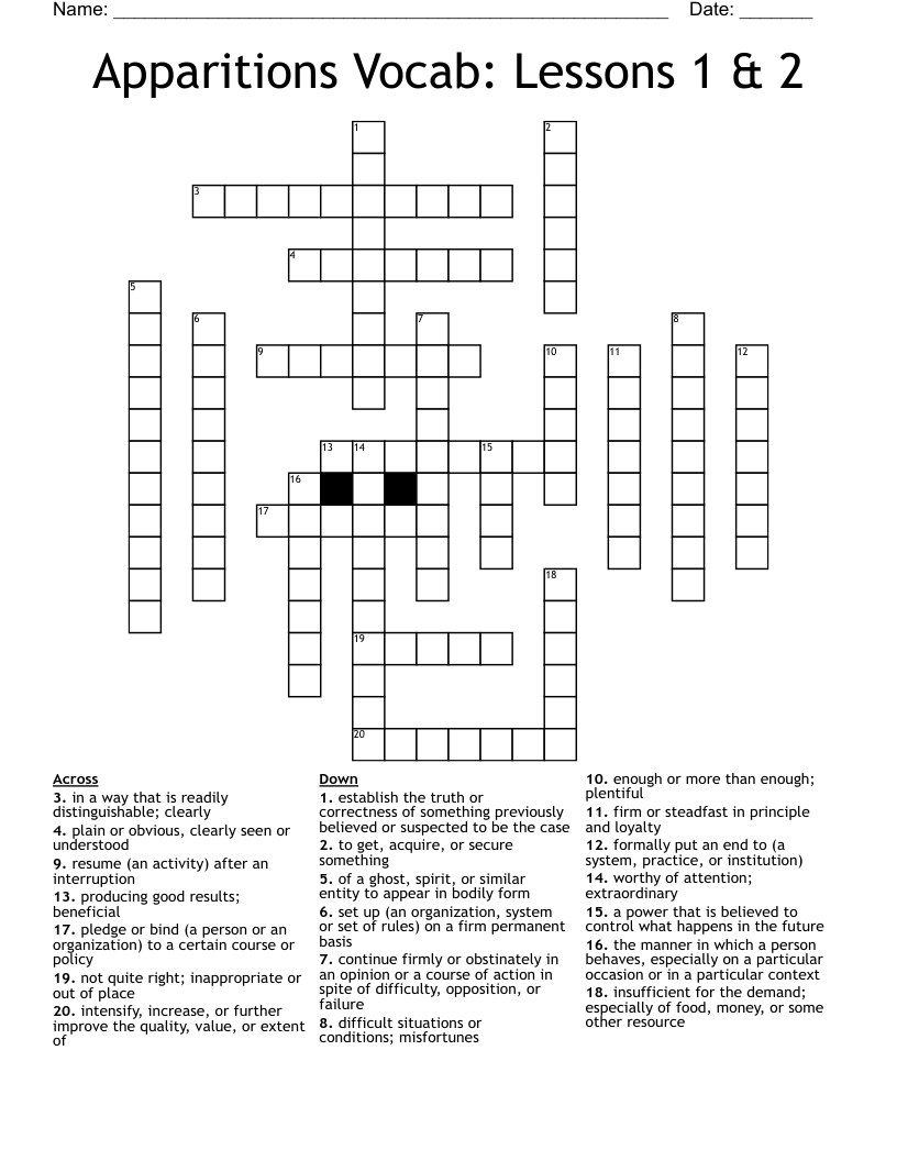 Apparitions Vocab Lessons 1 2 Crossword WordMint