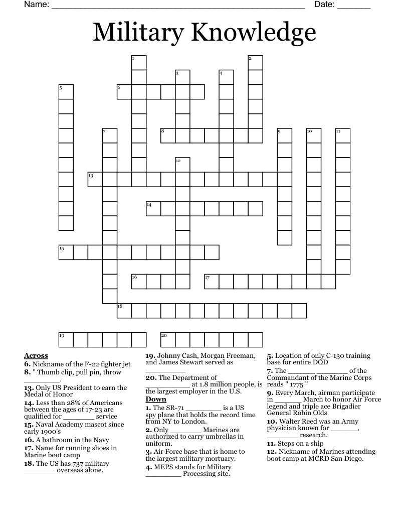 Army Crossword Puzzle Printable