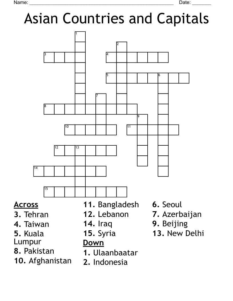 Asian Countries And Capitals Crossword WordMint