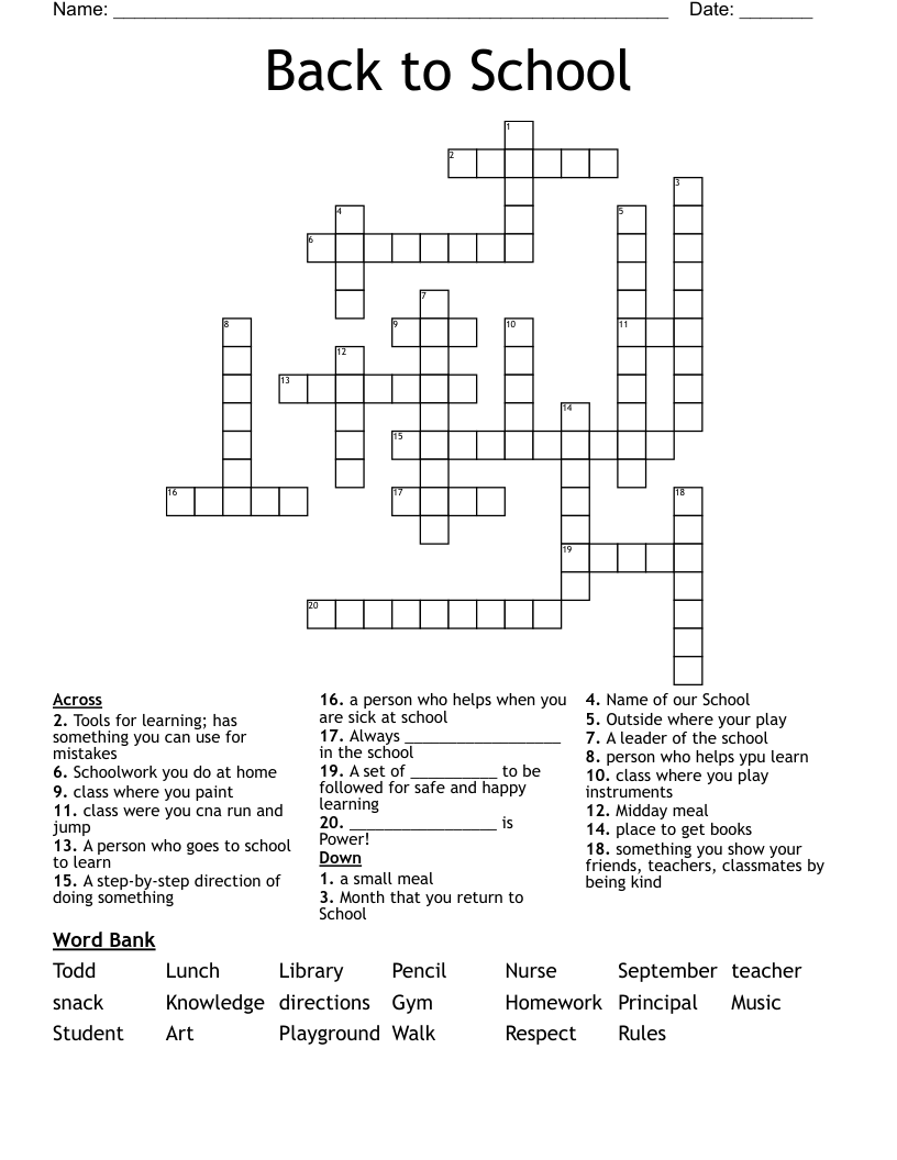 Back To School Crossword Puzzle Free Printable Templates