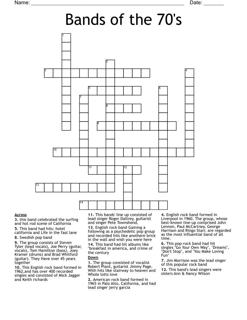 Bands Of The 70 s Crossword WordMint