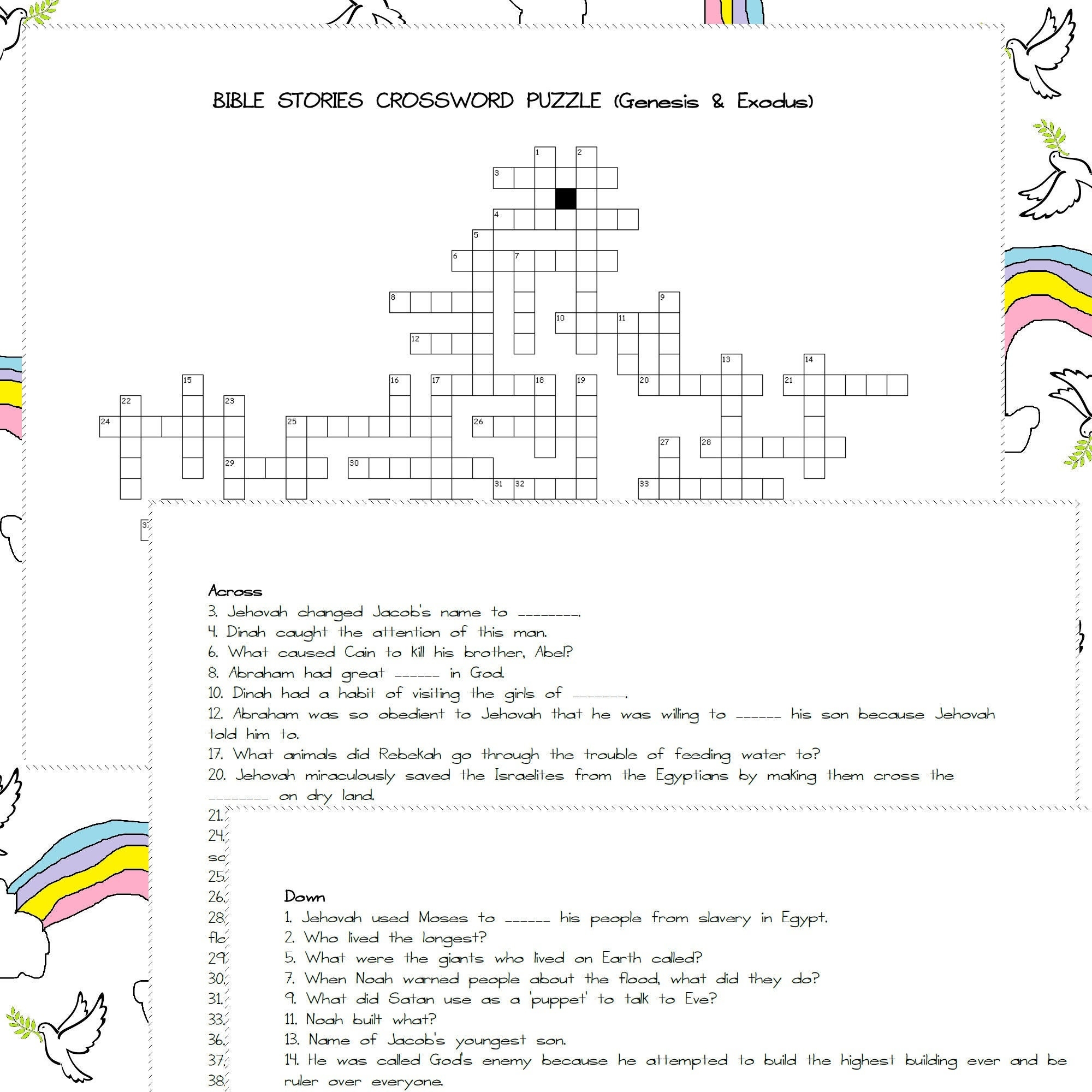 Bible Stories Crossword Puzzle Genesis Exodus JW Printables For Kids 