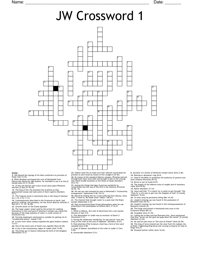 Bible Stories Crossword Puzzle Genesis Exodus JW Printables For Kids