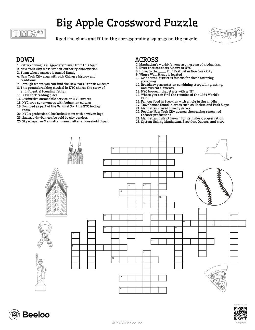 Big Apple Crossword Puzzle Beeloo Printable Crafts And Activities For