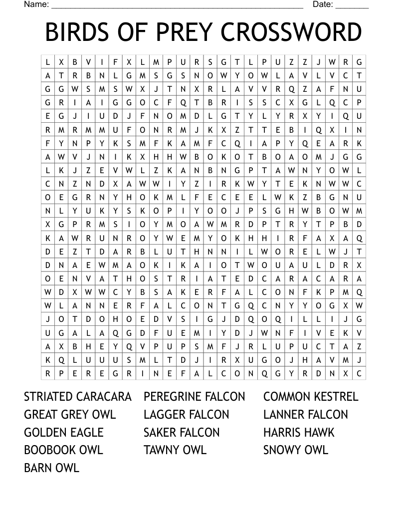 BIRDS OF PREY CROSSWORD Word Search WordMint