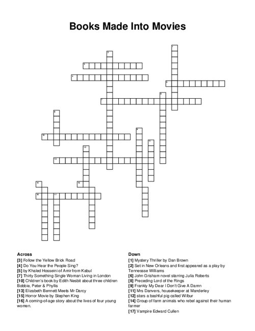 Books Made Into Movies Crossword Puzzle