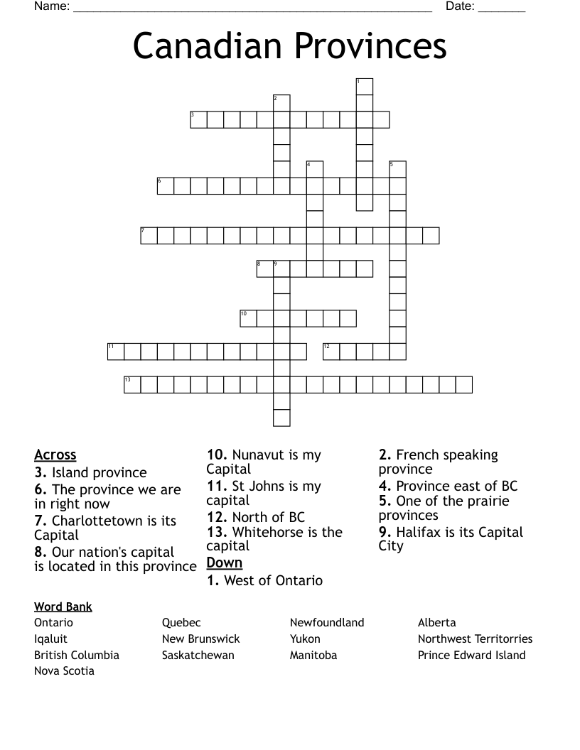 Canadian Provinces Crossword WordMint