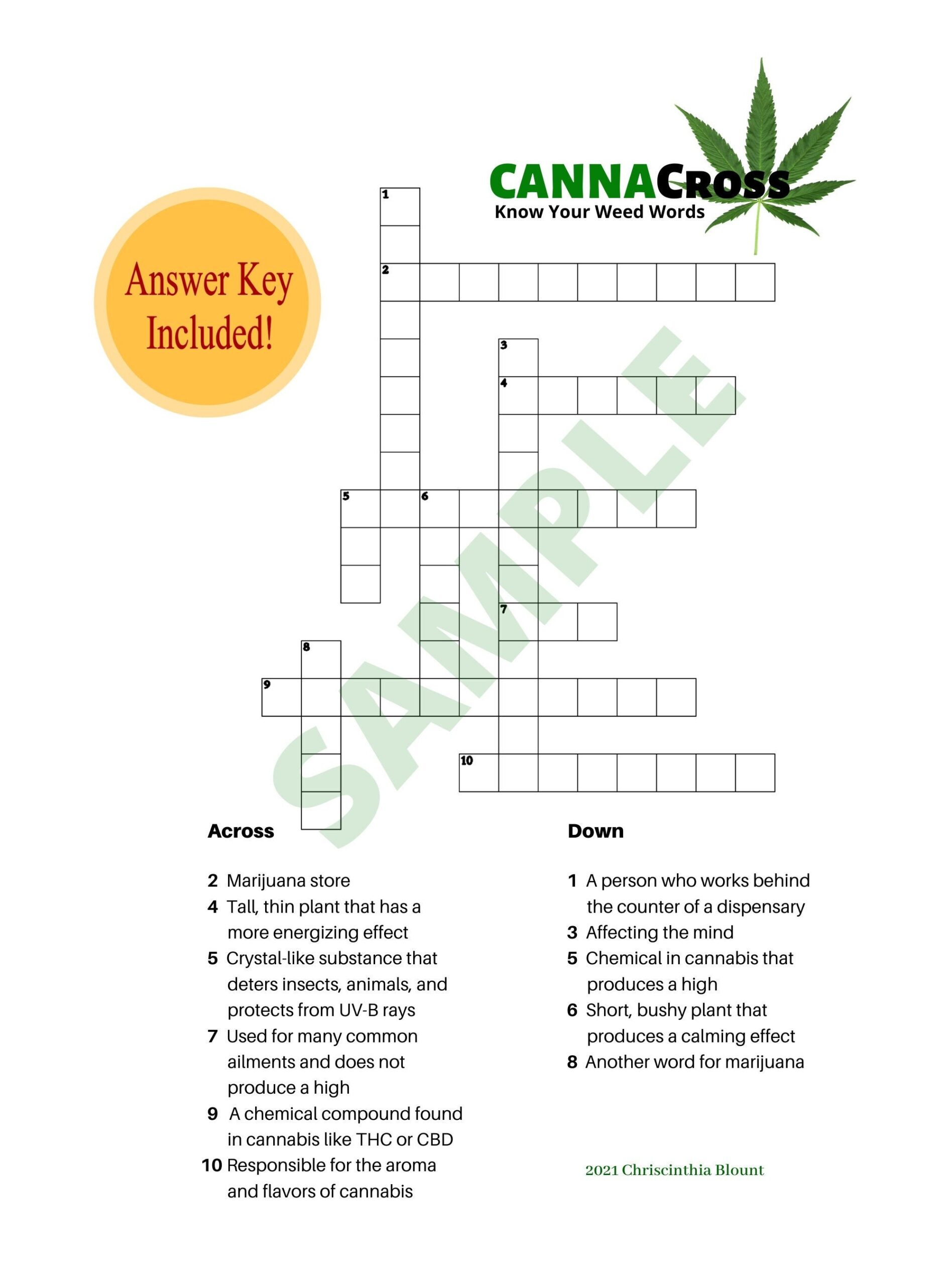 Cannabis Crossword Puzzle Weed Printable Marijuana Etsy