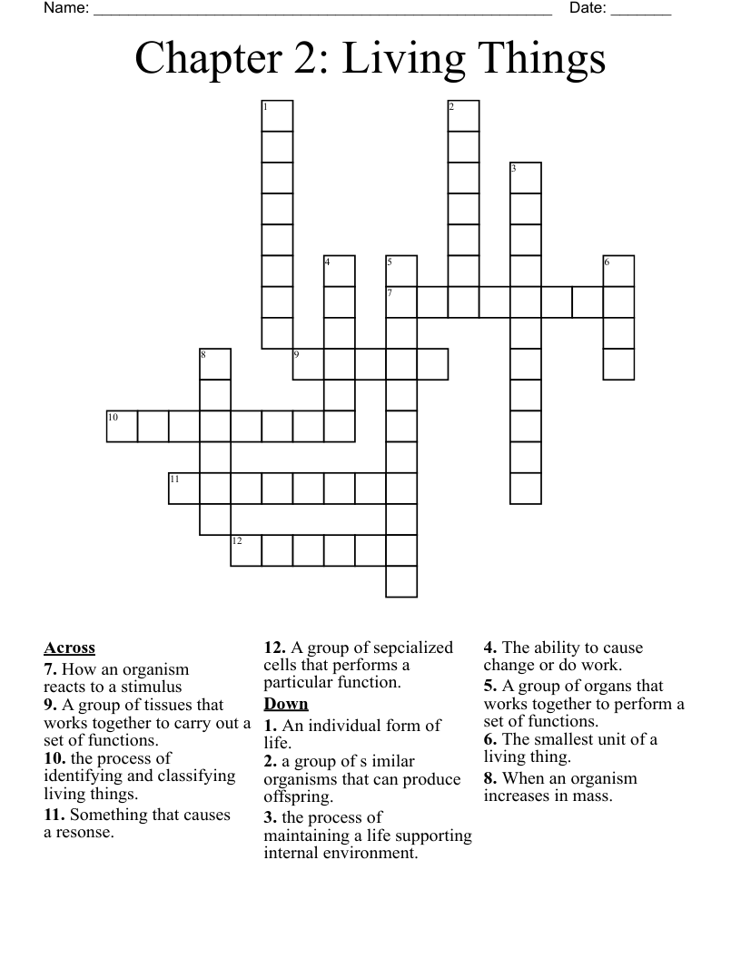 Chapter 2 Living Things Crossword WordMint