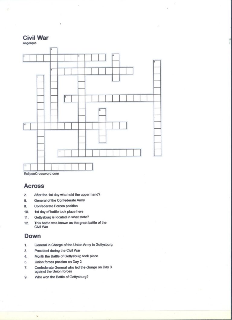 Civil War Crossword Puzzle Answer Key