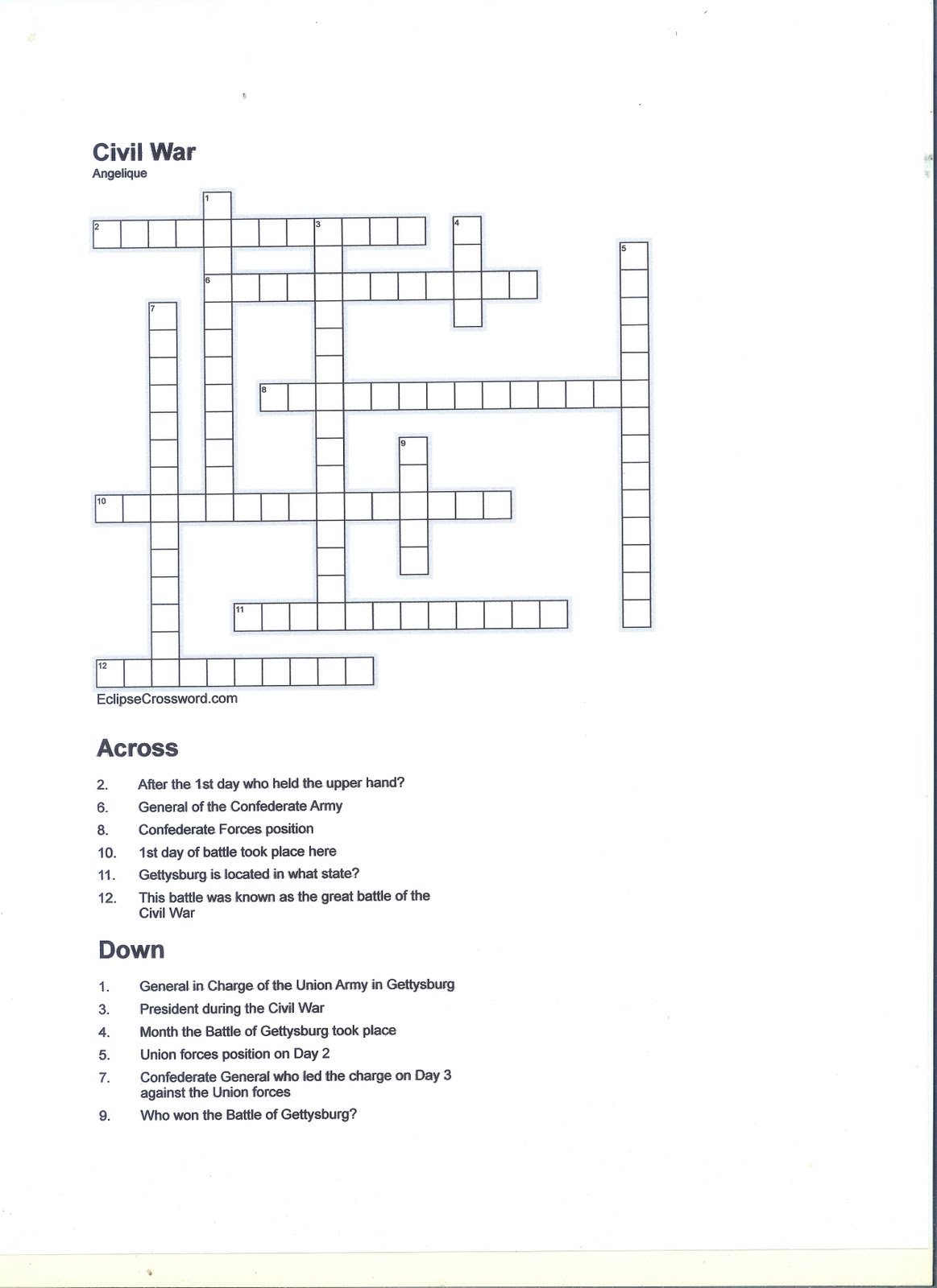 Civil War Crossword Puzzle Answer Key