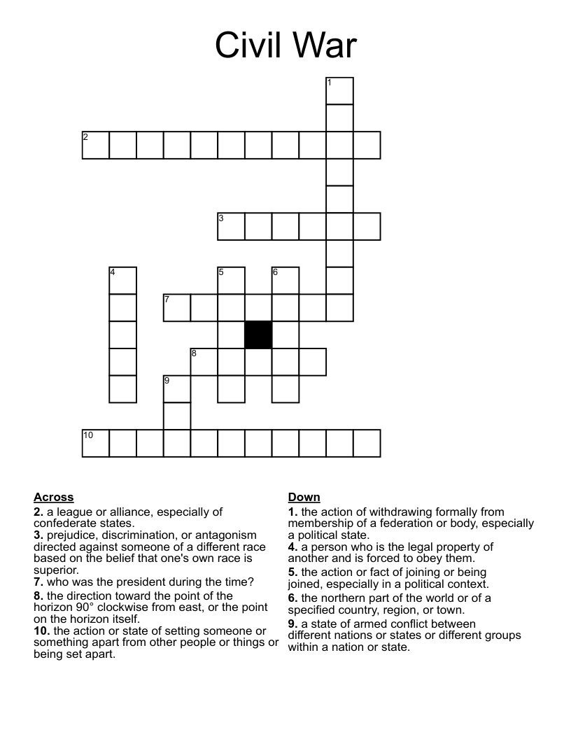 Civil War Crossword Puzzle Answers