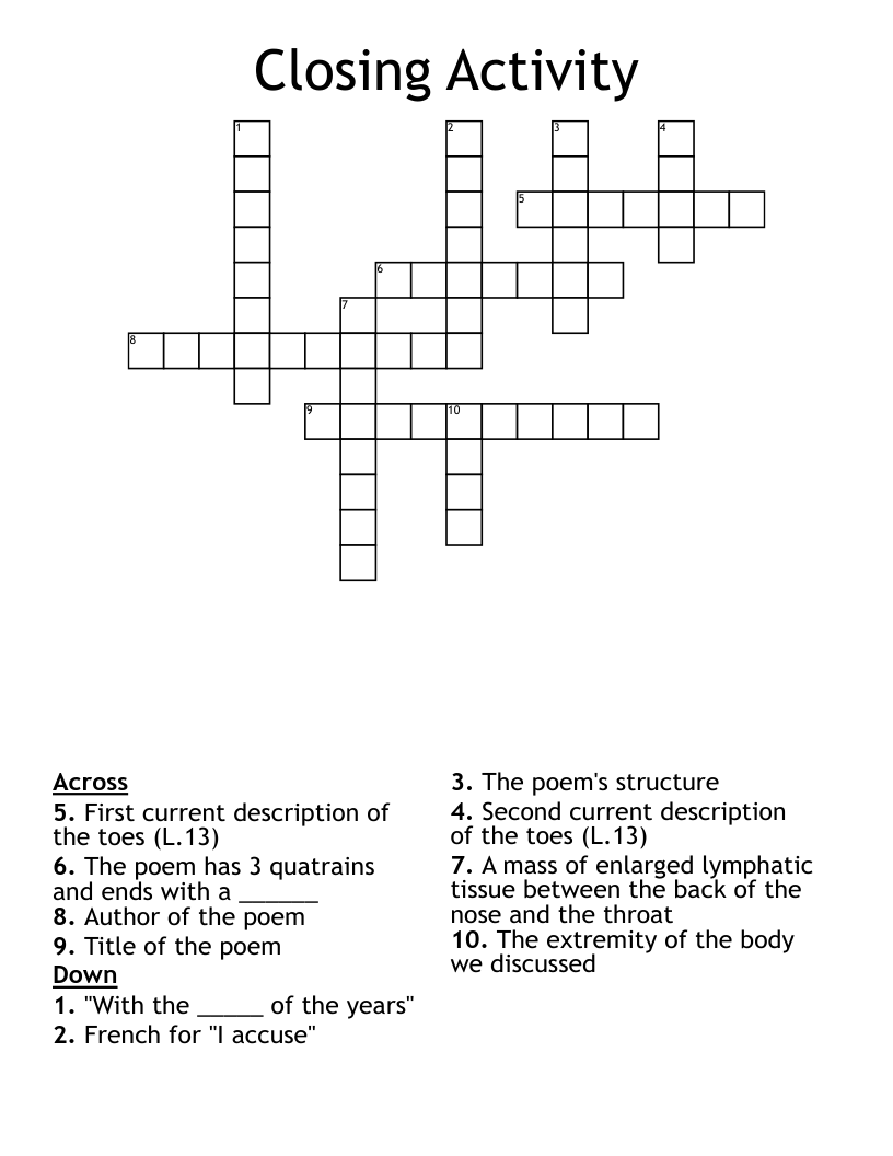 Closing Activity Crossword WordMint