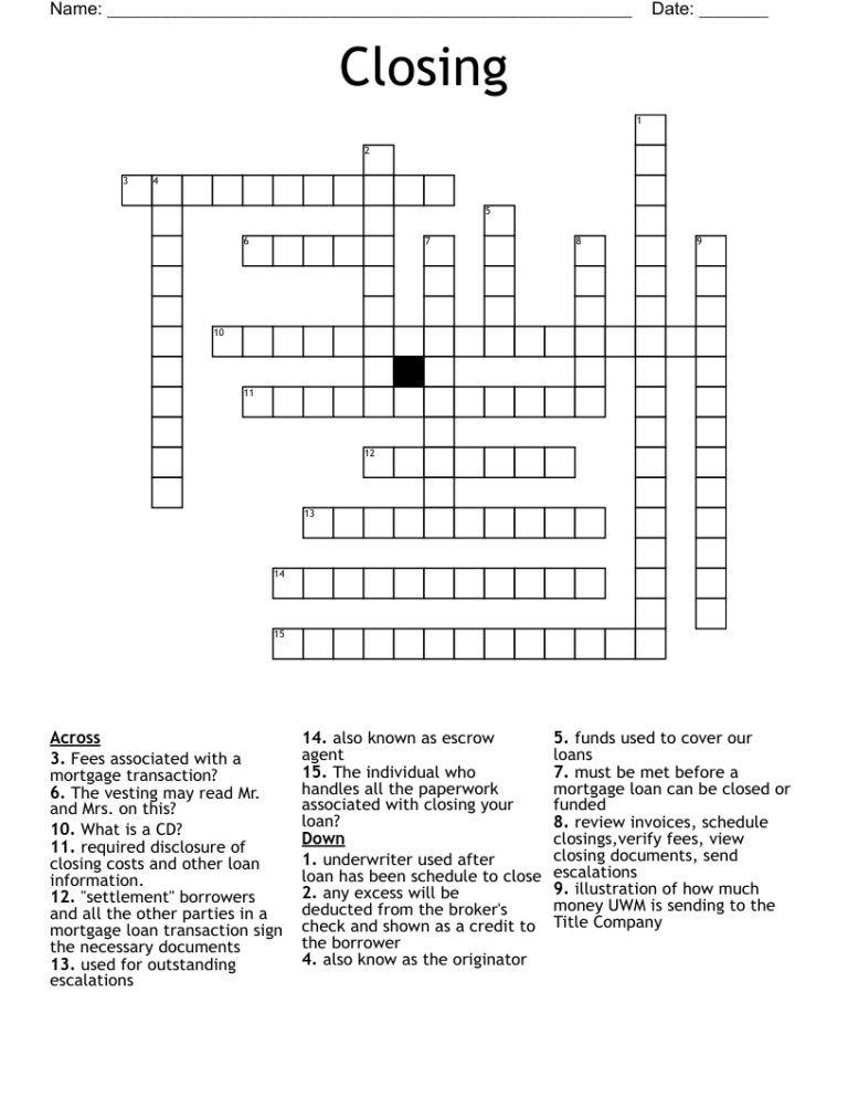 Closing Crossword WordMint