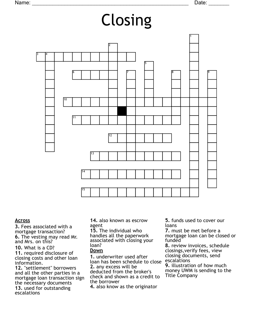 Closing Crossword WordMint