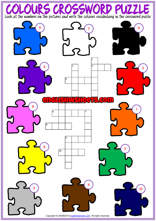 Colours ESL Printable Crossword Puzzle Worksheet For Kids English 