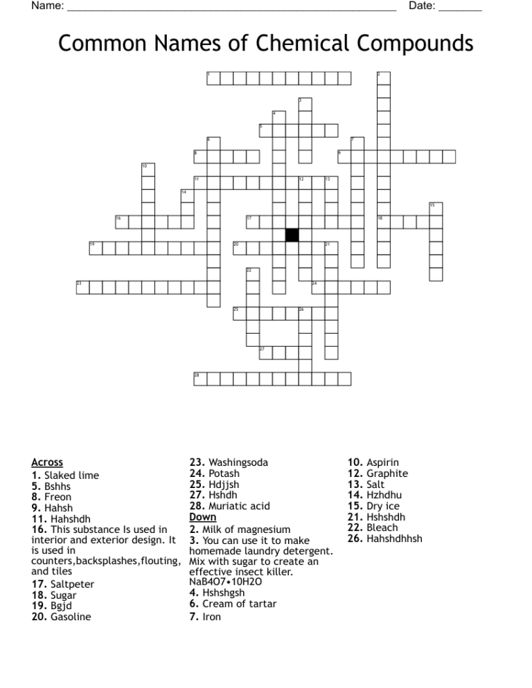 Common Names Of Chemical Compounds Crossword WordMint