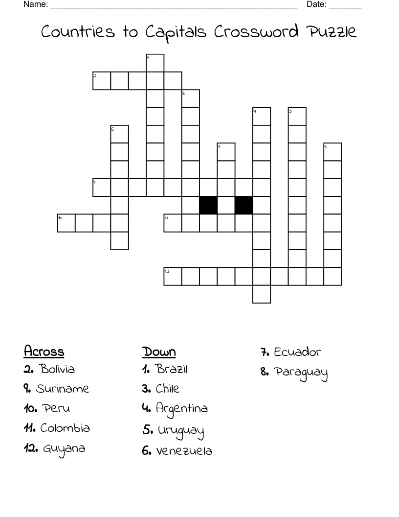 Countries To Capitals Crossword Puzzle WordMint