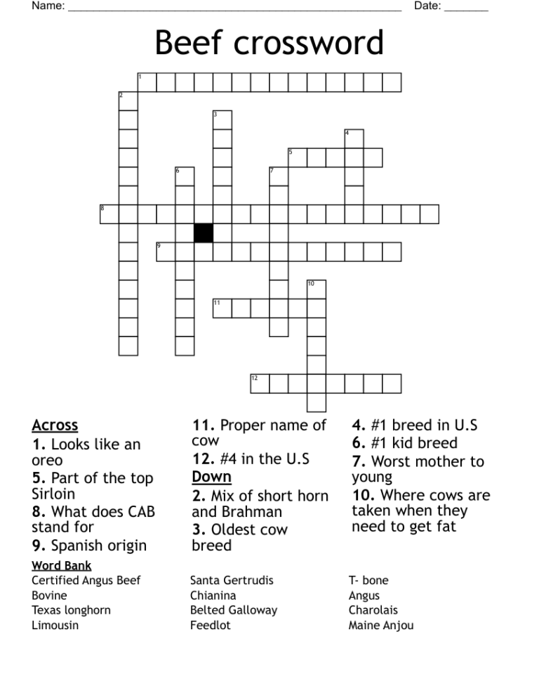 Crossword Cut Of Beef