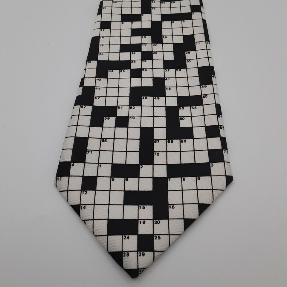 Crossword Puzzle Print Mens Necktie Black White Hand Made Novelty Tie