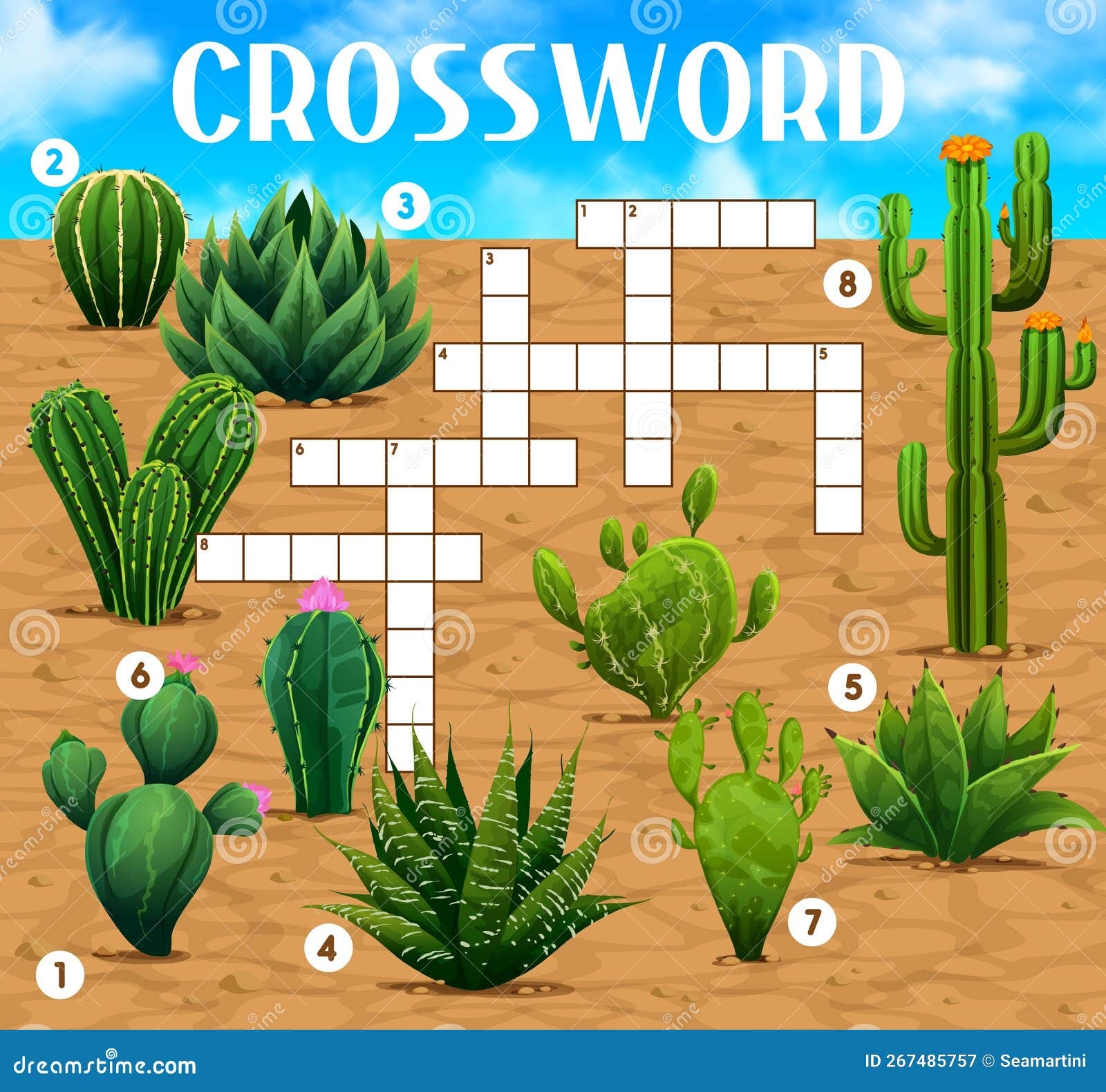 Crossword Quiz Game Grid With Mexican Cactus Stock Vector 