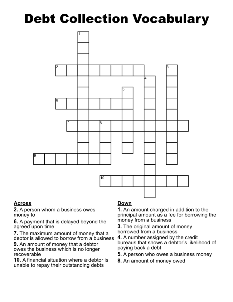 Debt Collection Vocabulary Crossword WordMint