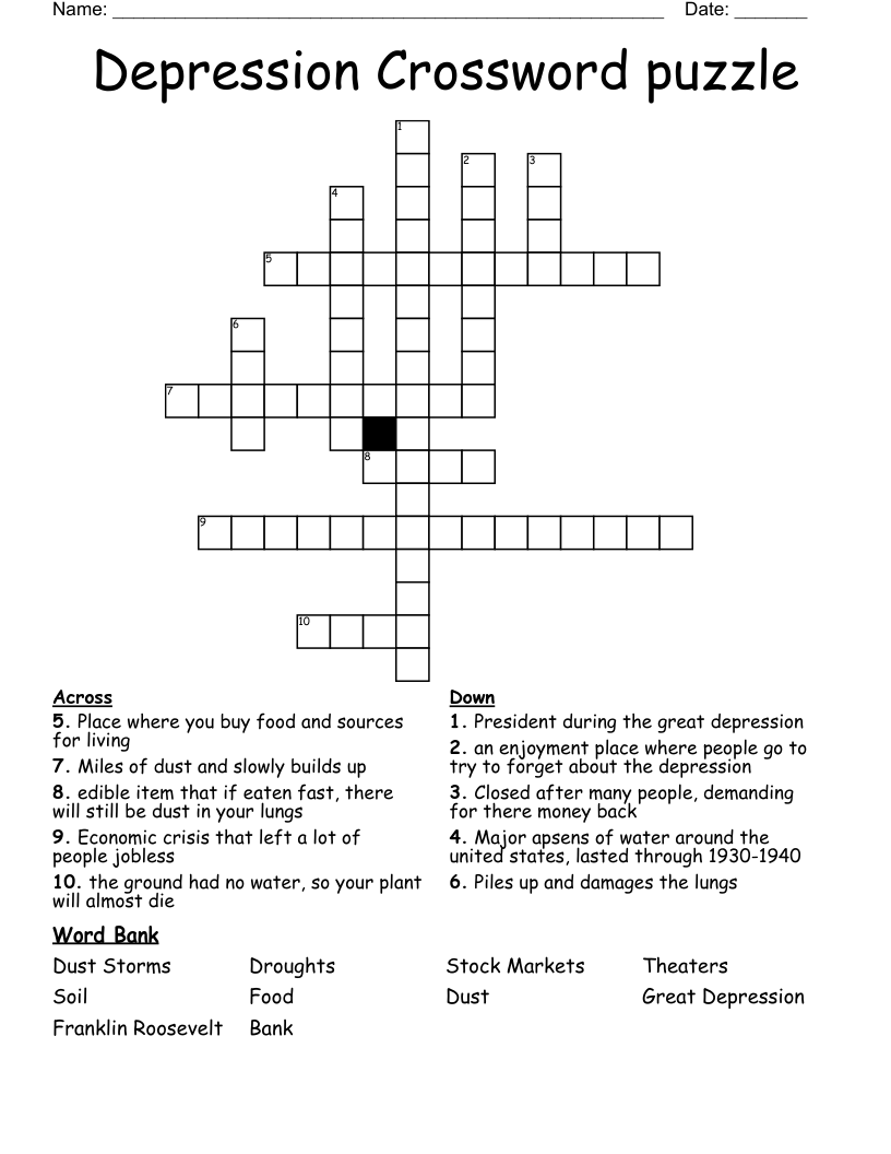 Depression Crossword Puzzle WordMint