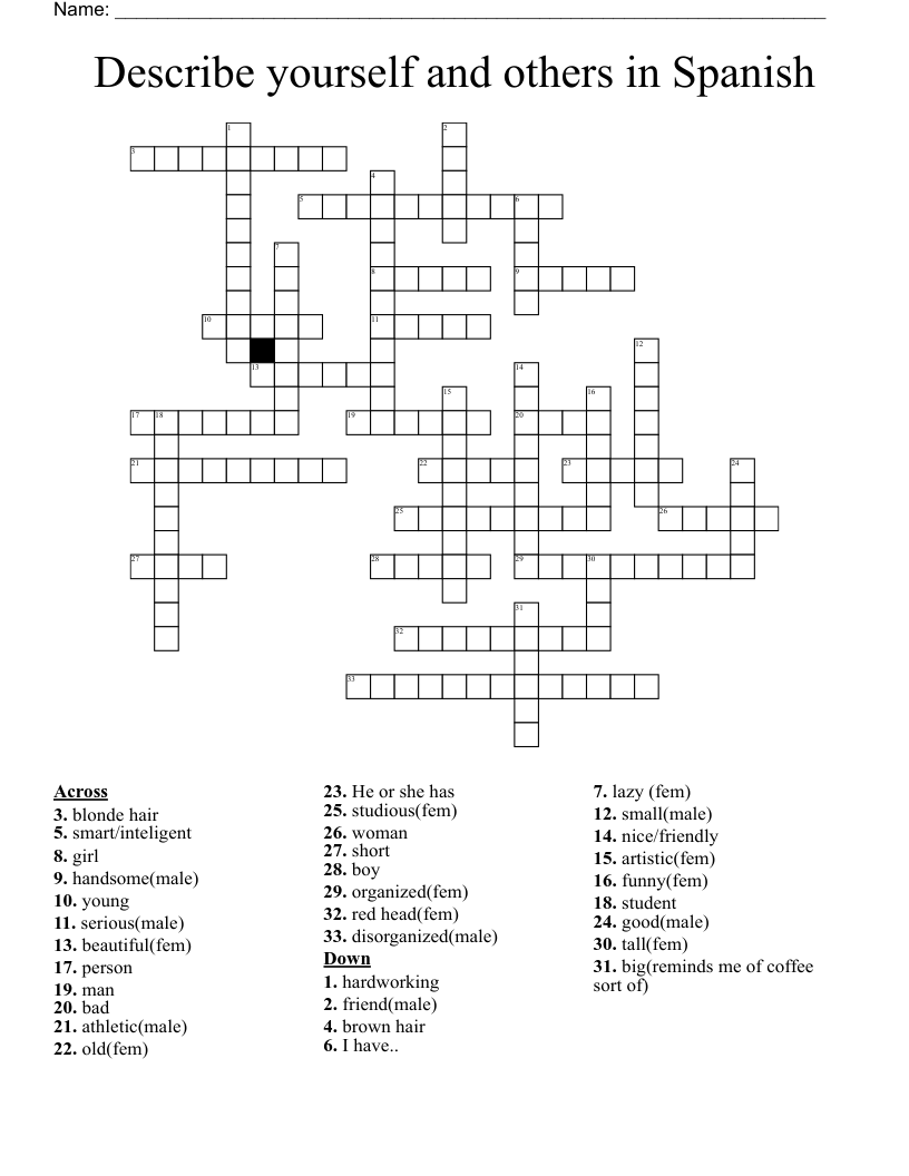 Describe Yourself And Others In Spanish Crossword WordMint