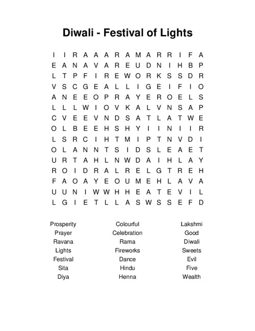 Diwali Festival Of Lights Word Search