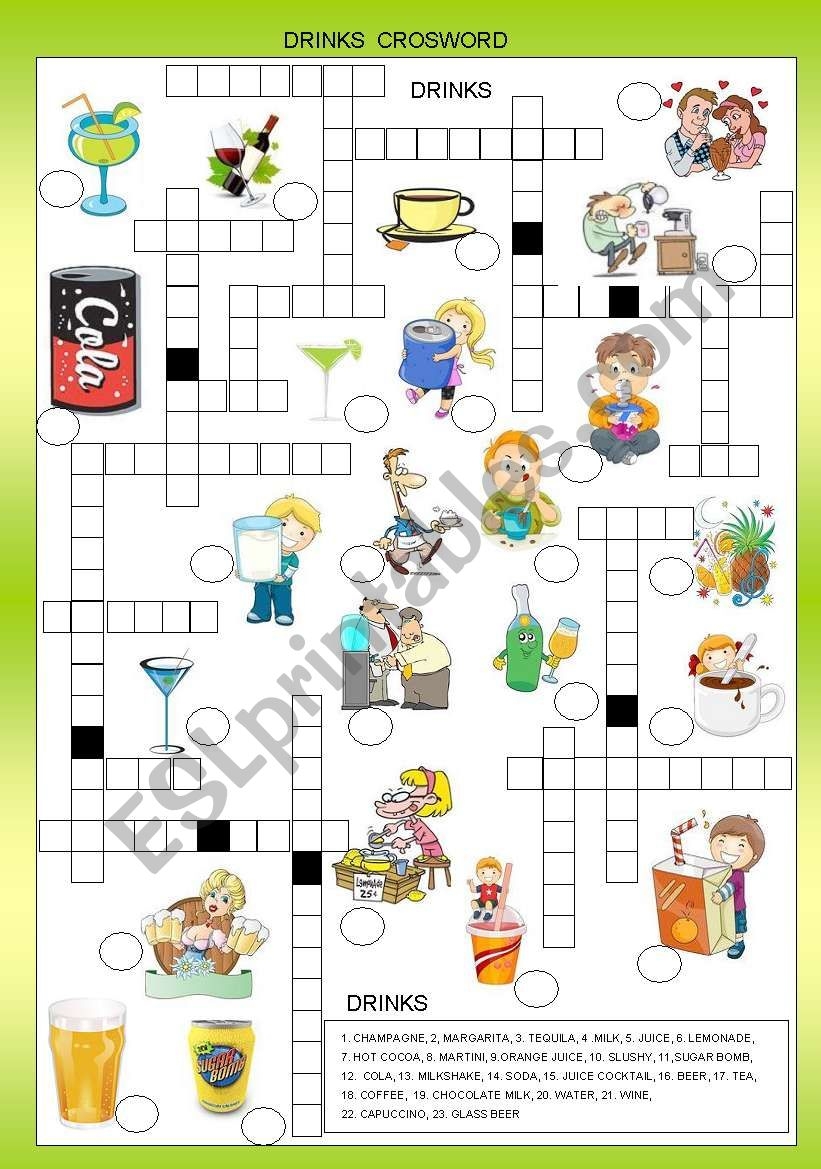 DRINKS CROSSWORD B W KEY INCLUDED ESL Worksheet By Ell