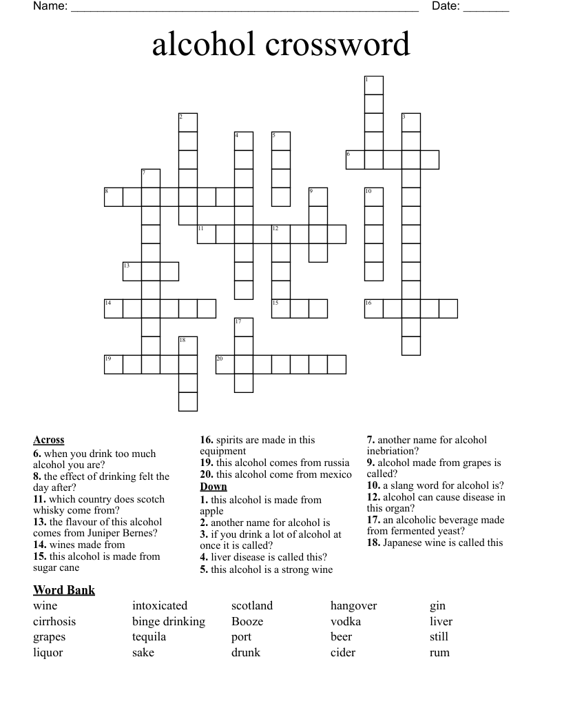 Drunkenness Crossword