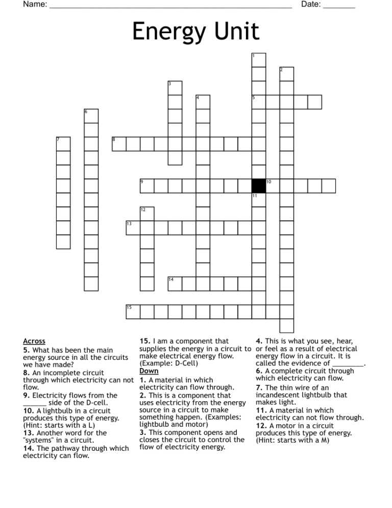 Energy Unit Crossword WordMint