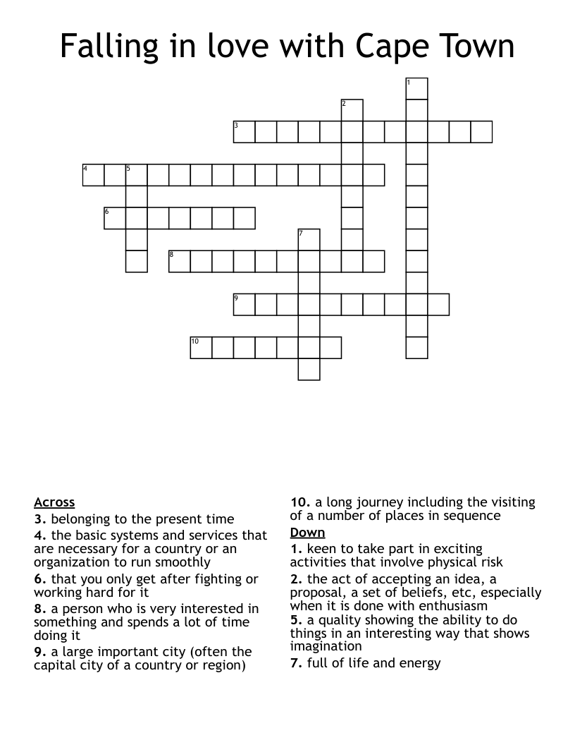 Falling In Love With Cape Town Crossword WordMint