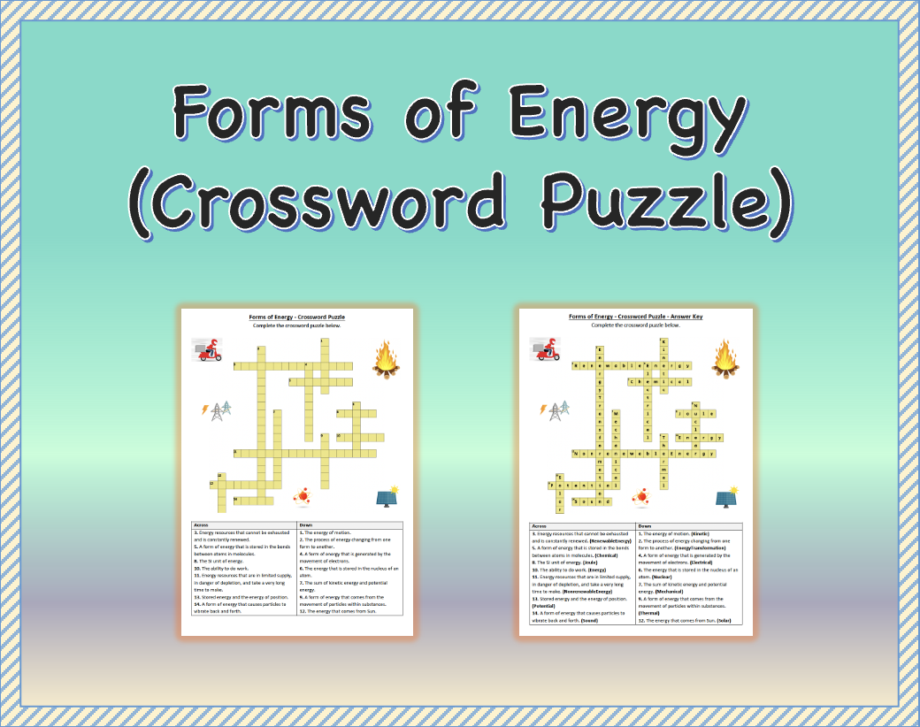 Forms Of Energy Crossword Puzzle Worksheet Activity Printable