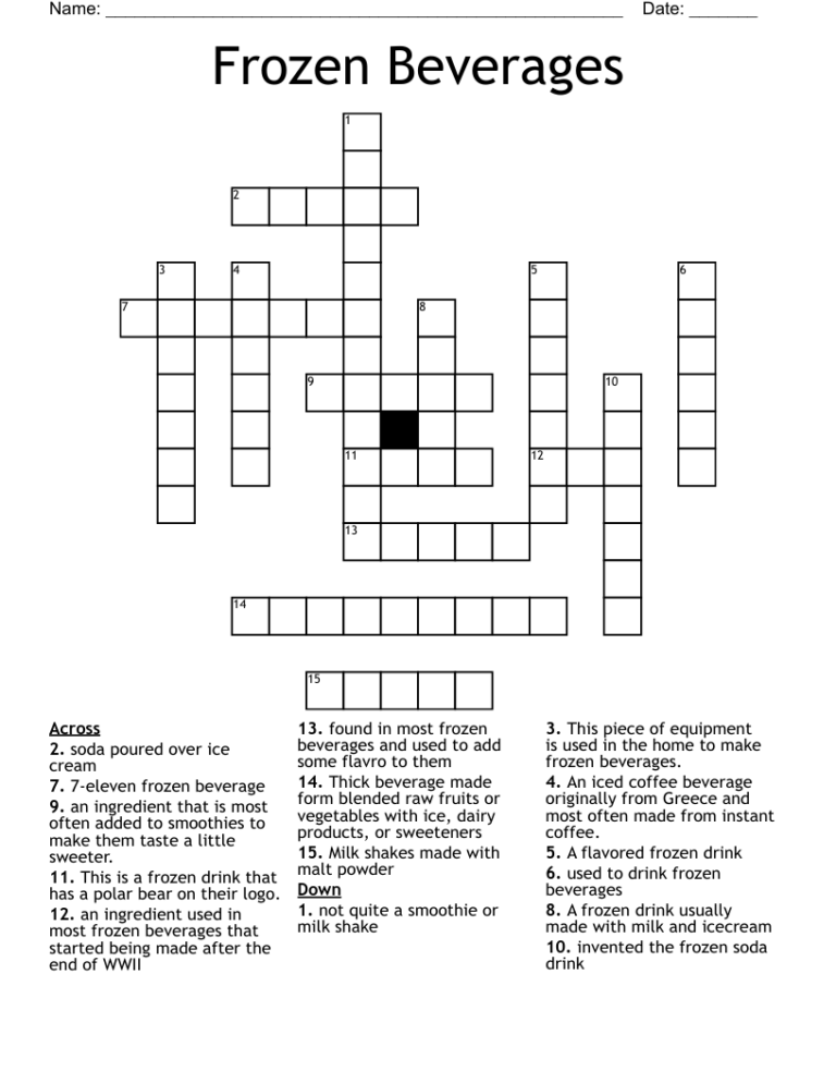 Frozen Beverages Crossword WordMint