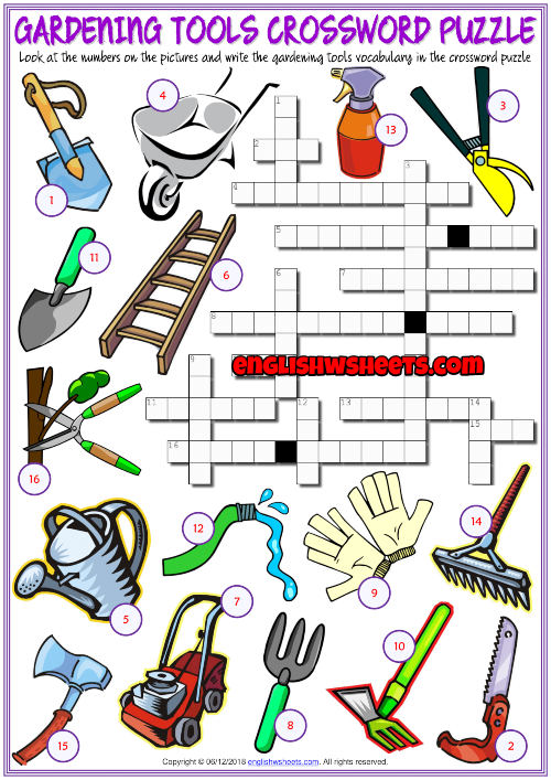 Gardening Tools ESL Printable Crossword Puzzle Worksheet