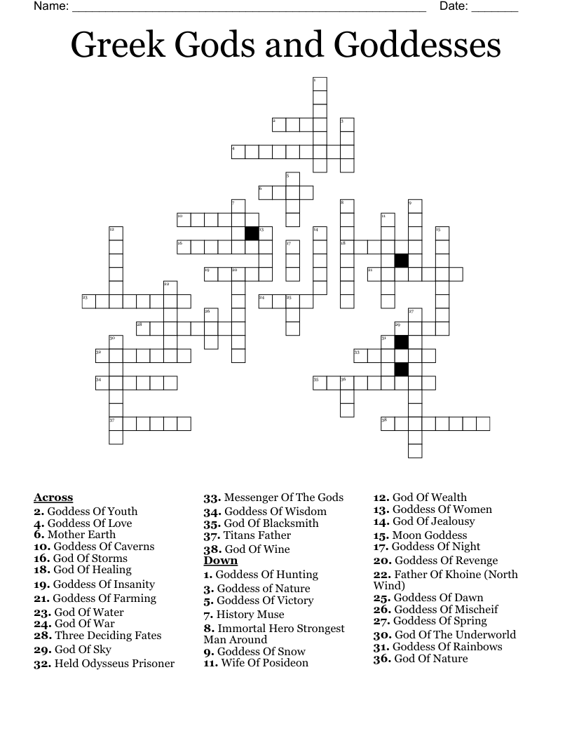 Greek Mythology Crossword Puzzle Printable