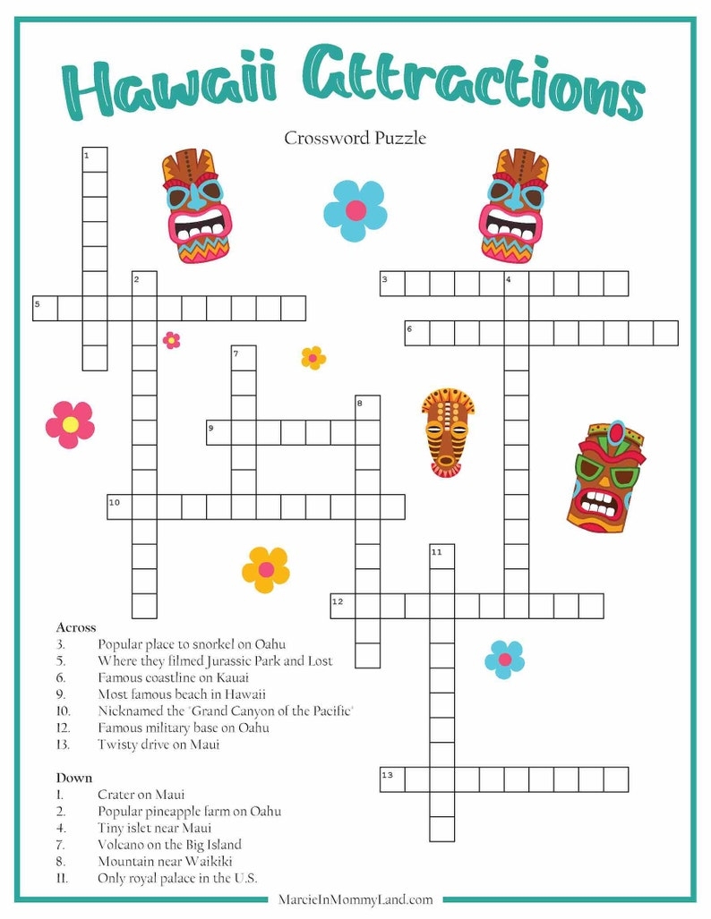 Hawaii Crossword Printables For Kids Etsy