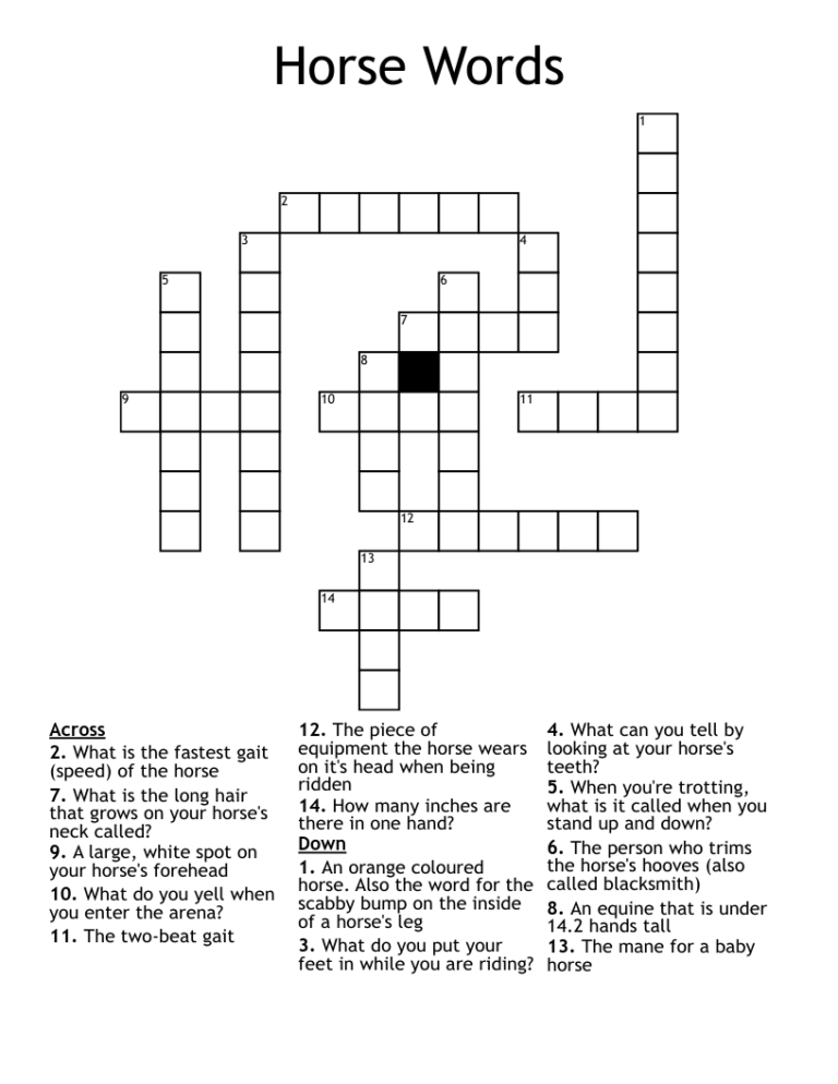 Horse Breed Crossword Puzzle Printable Free Printable Templates